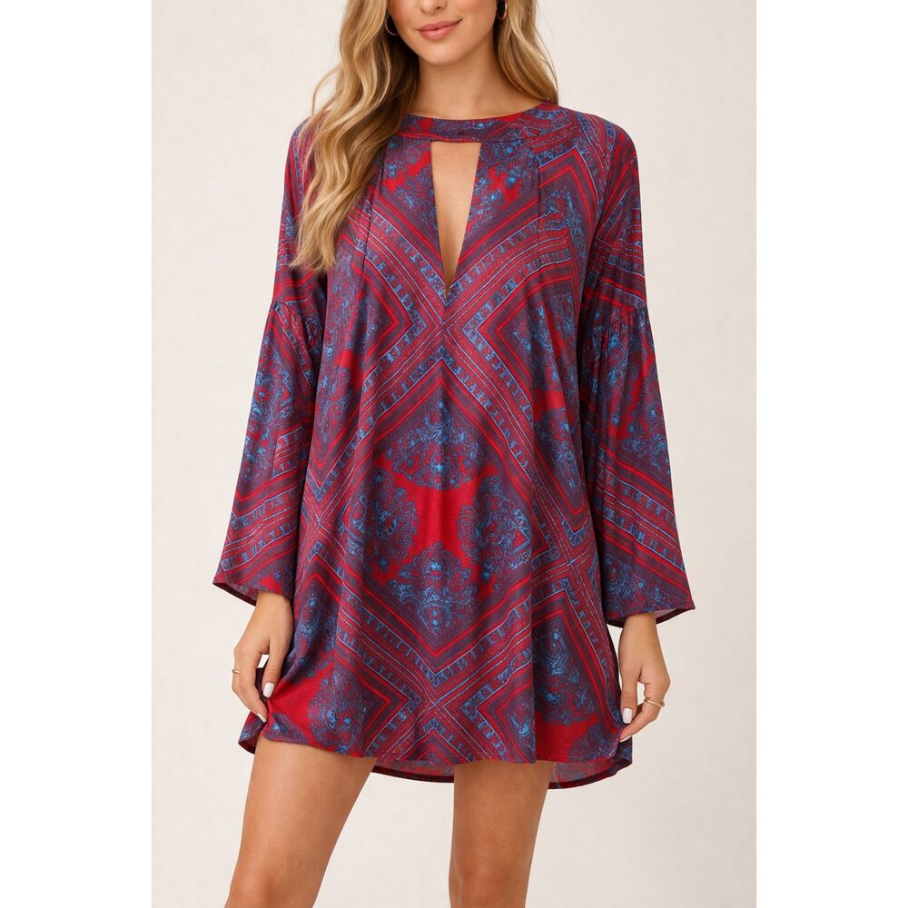 Free People Boho Geometric Keyhole Tunic Dress | Long Sleeve Flowy Top | Size L